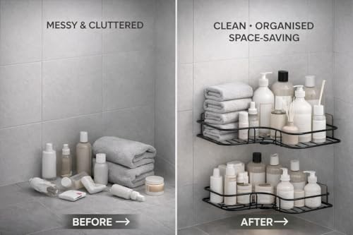 Image of Xmart India Bathroom Organiser Without Drill | Corner Shelf Rack | Self Adhesive Wall Mounted Storage Organizer for Bathroom & Kitchen | Organizer Storage Bathroom Shelve (1, Metal Corner)