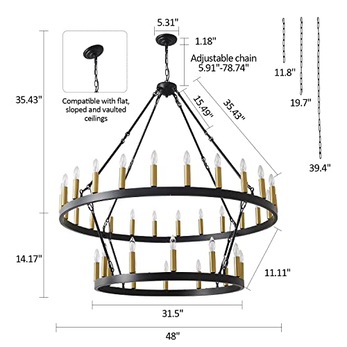 48 Inch Large Black Wagon Wheel Chandelier,2 Tier 36-Light Rustic Round Hanging Light Fixture,Chandeliers For High Ceilings,Farmhouse Chandeliers For Dining Room Kitchen Island Foyer Entryway #TOP4