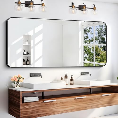 Image of DESBING 24 inch x 55 inchBathroom Mirror, Matte Black Wall Mirror with Metal Frame, Decorative Rectangular Vanity Mirror for Bedroom Bathroom Living Room Entryway (Horizontal /Vertical)