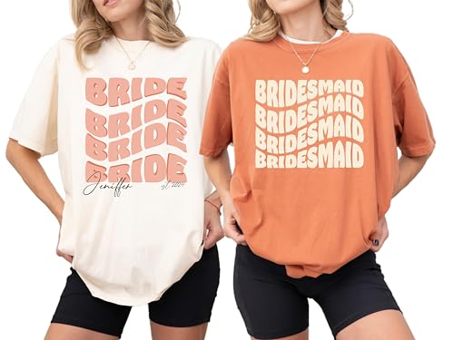 BRIDE SHIRT Bride and Bridesmaid Matching Shirt, Retro with Name, Boho Colors Bridal Party Shirt White