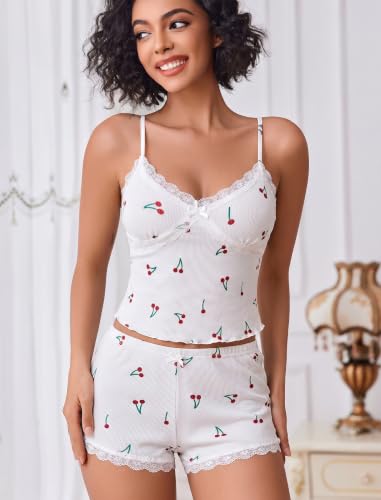 Image of Avidlove Women's Soft Ribbed Knit Cami Pajama Set Sexy V Neck Lace Trim Sleepwear Side Slit Shorts Lingerie Nightwear