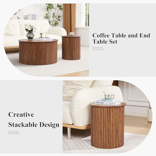 image for AVZEAR Round Nesting Coffee Table Set of 2, Mid Century Modern Wood Co