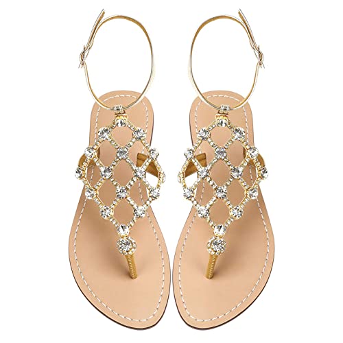 UTIKLIOU Women's Rhinestone Flat Sandals T-Strap Thong Sandals Summer Flat Sandals Flip Flop Sandals for Women