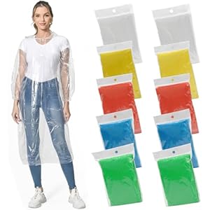 Rain Poncho for Adults, 10 Pack Waterproof Poncho, Disposable Light Weight Rain Poncho with Drawstring Hood for Women & Men, Transparent Emergency Raincoat for Camping, Hiking, Theme Parks, Climbing