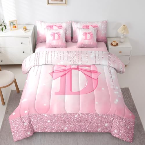 Image of Feelyou Kids Pink Bowknot 7 Pieces Bedding Set Queen Size, Personalized Initial D Bed in A Bag Princess Glitter Comforter Set with Sheets Boys Girls Bow Alphabet Teens Bed Set Bedroom Decor 7Pcs
