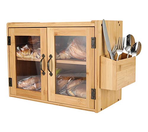 TQVAI Bamboo 2 Layer Bread Boxes with Clear Window and Silverware Holder Wall Mounted Double Tier Bread Storage Bin for Kitchen Countertop - Assembly Required, Original