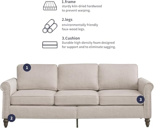 ijuicy 3-Piece Living Room Sectional Sofa Set, Modern Linen Upholstered Sofas with 5\" Thicken Cushion & Nailhead Trim, Living Room Furniture Set- Armchair Loveseat and 3 Seat Sofa(Beige)