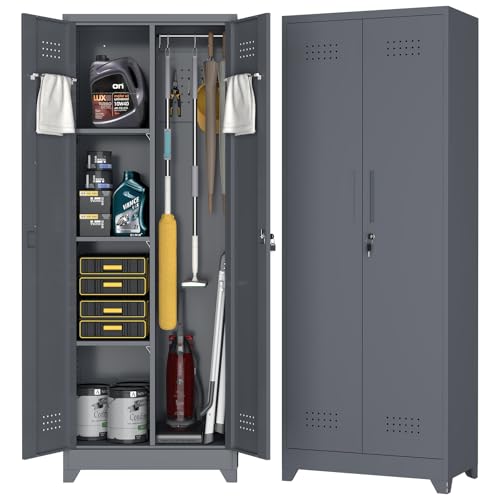 FATIGOS 65''H Garage Storage Cabinets, Metal Locking Storage Cabinet with Doors and Shelves, Utility Closet Cabinet with Hanging Rod, Cleaning Storage for Kitchen, Office, Garage
