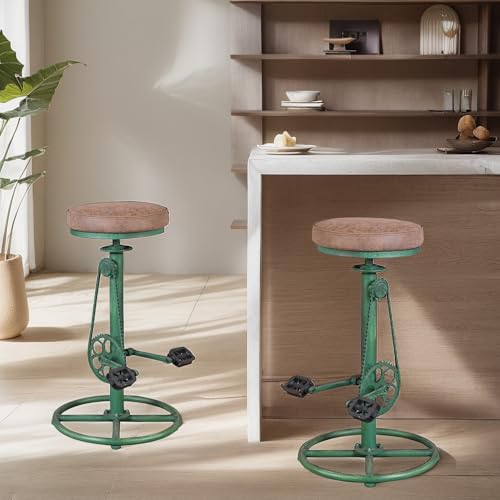 Butacos de estilo vintage para barra, diseño industrial con pedal de bicicleta, altura ajustable de 29 a 37 pulgadas, base metálica verde y cojín marrón, juego de 2 miniatura 2