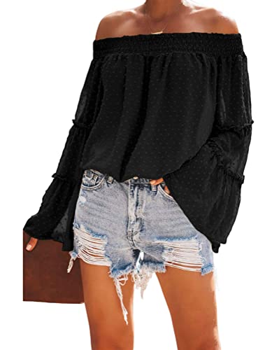 Kirundo Women's 2023 Fall Off The Shoulder Tops Swiss Dot 3/4 Bell Sleeves Casual Chiffon Blouse Cute Ruffle Tunic Top(Large, Black) #TOP23