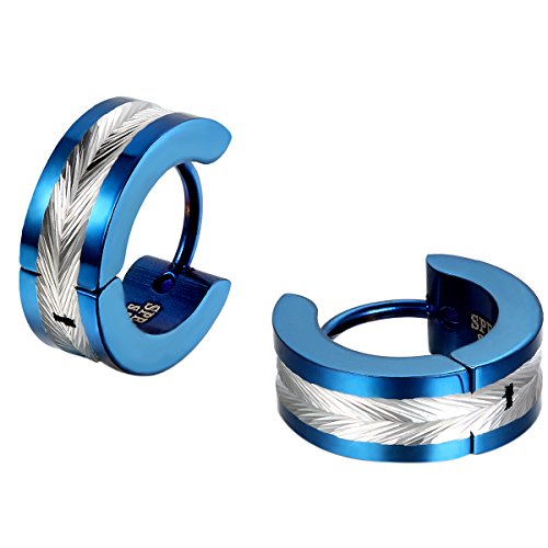 JewelryWe Bijoux Boucles d'oreilles Homme Forme Plume Anneaux à Charnière Bling Bling Acier Inoxydable Fantaisie Couleur Argent Bleu
