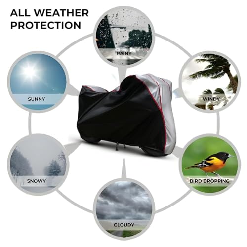 Image of Waterproof Bike Body Cover Compatible with Tvs Rohin Dustproof Scratchproof - Motorcycle Cover for Two Wheeler, Outdoor Full Cover with UV, Duty, Rain Protection (Black Top Silver) R1