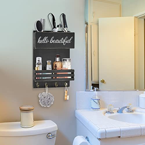 Black Hair Tool Organizer Wall Mount, Two Tiered Hair Dryer Holder Wall Mounted, Bathroom Hair Care and Styling Tool Organizer for Wall, Hair Accessories Organizer with Shelf for Makeup, Toiletries