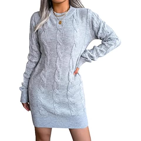 XIAOCILAO Women Casual Round Neck Sweater Dress Twist Knit Solid Dress Grey Cover