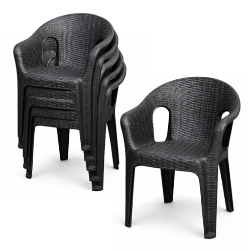 PALUPLUS Set 6 Sedie da Giardino in Polipropilene effetto Rattan colore Antracite, misura 56x47x81 cm, Sedia Impilabile, Schienale Basso e Braccioli per Esterno ed Interno, Portata 120 Kg -2622F -22