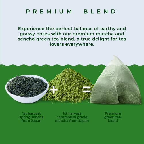 Organic Japanese Matcha Green Tea Bags - Ceremonial Grade Matcha Powder and 1st Harvest Spring Sencha Blend for Unforgettable Taste - 60 Tea Pyramids by Aprika Life