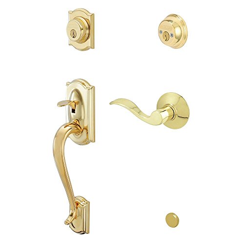 Schlage F62CAM505ACC605RH Camelot Handleset Keyed 2-Sides with Accent Right-handed Lever, Bright Brass
