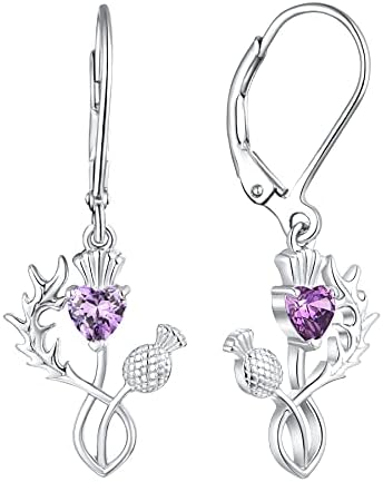 JO WISDOM Scottish Thistle Earrings,925 Sterling Silver Scotland Flower Heart Outlander Drop & Dangle Earrings with 3A CZ Birthstone,Jewelry for Women