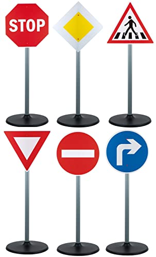 alldoro 60096 Verkehrszeichen für Kinder, Circa 72 cm hoch, 3 Ständer, 6 Schilder und 12 Halteclips, für einen kleinen Verkehrsparcours