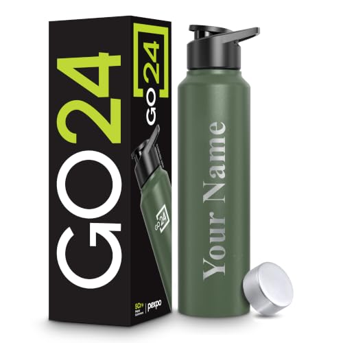 Image of Go24 pexpo Water Bottle 1 ltr Stainless Steel Sports /Fridge Bottle with Dual Cap Customize | Single Wall | For Home, Office, Gym, Travelling | Lightweight | BPA Free | Chromo 950ml |Military Green