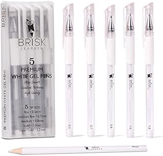 BriskLearner 5 White Gel Pen - 5 Tip Sizes 0.5, 0.7, 0.8, 1.0, 1.2mm for Maximum Opacity Control - Graffiti Ink White Pen for Artists, White Ink Pen - Free White Pencil