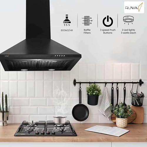 Image of RUWA VIVA 60 cm Wall Mounted Kitchen Chimney Black | 1000 CMH Suction | Baffle Filter | 3 Speed Push Button Control | Low Noise | Ideal for 2-4 Burner Stoves