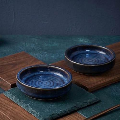 Image of Freakway Ceramic Reactive Glaze Shallow Bowls, Blue, Round, Set of 2, Microwave & Dishwasher Safe