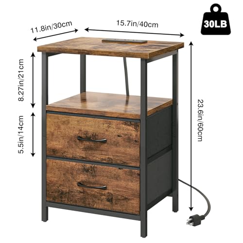 Image of Fixwal Rustic Brown Night Stand with Charger Station, Nightstand with Charging Station & Fabric Drawers