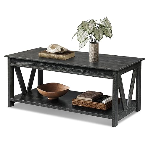 WLIVE Coffee Table, 43″ Living Room Coffee Table with Storage Shelf, Center Table for Living Room, Bedroom, Office and Balcony, Black