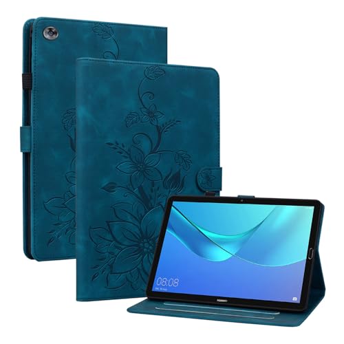 Rosbtib Hülle für Huawei MediaPad M5 / M5 Pro 10.8 Zoll CMR-AL09 CMR-W09 Folio Ständer Tablet Schutzhülle mit Kartenfächer Stoßfeste PU Lederhülle Lilienmuster - Blau