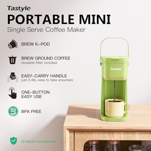 Image of Tastyle Single Serve One Cup Coffee Maker, for K Cups and Grounds, Mini Coffee Maker with Portable Handle, 6 to 12 Oz Brew Size, for Travel, Camping, Office, RV and Dorm, 120V, Lime Green