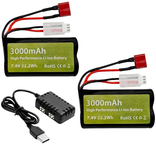2PCS 7.4V 3000mah 15C 2S Lithium-ion batterij met T-Plug met 2-in-1 lader voor WLtoys 12423 MJX 14301 14302 14303 H16PL RC auto 1/10, 1/12, 1/16 schaal RC auto Truck RC boot batterij