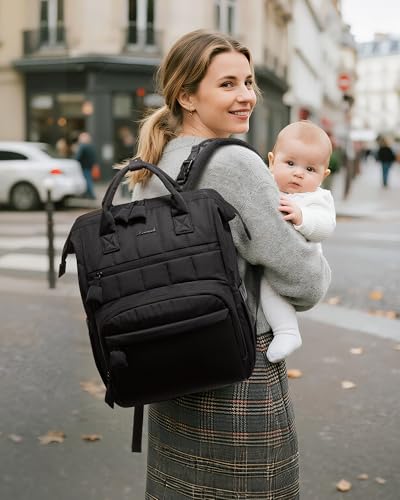 LOVEVOOK Wickelrucksack Groß, Baby Wickeltasche Rucksack Diaper Bag mit Wickelunterlage, Wasserabweisend Babytasche Mommy Wickeltasche Organizer mit Kinderwagengurten für Mama und Papa, Schwarz