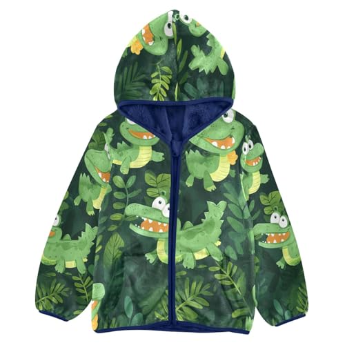 Cute Green Crocodile Pattern Toddler Fleece Jacket Girl Boys Hooded Fleece Jacket Coat Warm Outwear Zip-up 3-10T