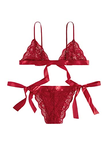 SweatyRocks Women's Sexy Floral Lace Scalloped Trim Self Tie Panty Mesh Lingerie Set Red Medium - Image 3