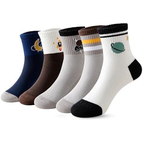 Caudblor 5 pair Cotton crew socks for boys girls 3-5 6-8 9-12 years old, soft little kids quarter sock with Cute space design Cover