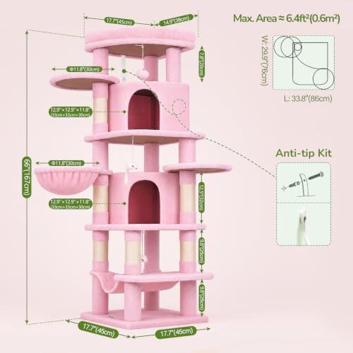 Image of Globlazer 66in Pink Corner Cat Tree Tower for Indoor Large Cats, C66, Pink | Space-Saving Stable Cute Cat Tower with 6 Scratching Posts, 2 Large Fan-shaped Condos & Top Perch, Hammock, Climbing Steps