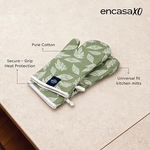 Image of Encasa XO Extra Long 18x35 cm Microwave Oven Gloves Mitts (2 pcs) for Kitchen Cooking - Big Leaf Green - Heat Resistant, Thick & Safe, Protection of Hands from Hot Utensils, Gas Flame, Grill, Barbecue