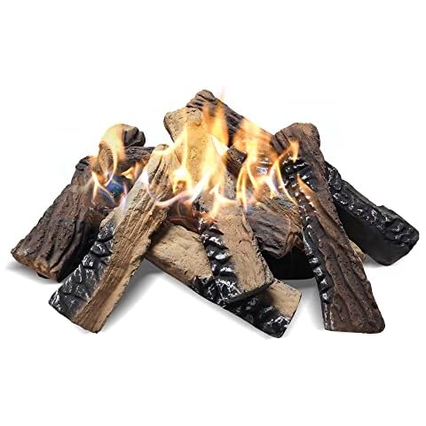 Skypatio 10-Piece Gas Fireplace Logs Set, Heat Resistant Realistic Ceramic Wood Logs for Indoor or Outdoor Fireplace, Fire Pit Decor, Lightweight & Portable Cover