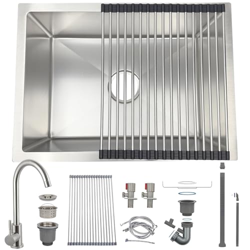 HZKSINNK Fregadero Cocina 1 Seno 55 x 40 cm, Acero Inoxidable Cepillado, con Grifo Giratorio 360°, Fregadero Bajo Encimera o Sobre Encimera, con Sifón, Rebosadero y Desagüe, Escurridor de Enrollable