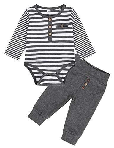Image of Kantenia 2PCS Sets Toddler Baby Boys Bodysuit Outfits Long Sleeve Striped Romper + Solid Pants Infant Kids Jumpsuit Clothes (0-3 Months,Grey)