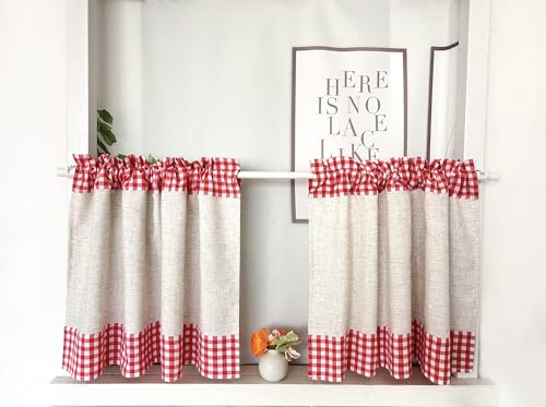 Daliena Lot de 2 rideaux brise-bise à carreaux - Aspect lin - Style maison de campagne - Style rétro vintage - Pour petite fenêtre - (l x H 70 x 45 cm) -...