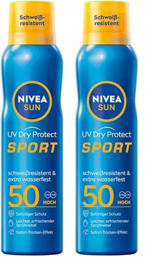 NIVEA SUN UV Dry Protect Sport Sonnenspray LSF 50 (200 ml), 100% transparenter und erfrischender Sonnenschutz, schweißresistente & extra wasserfeste Sonnencreme mit LSF 50 (Packung mit 2)