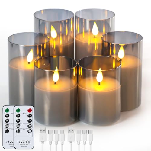 Forever Speed 6 Pack Grey Glass Flameless Candles with Remote Control Timer Rechargeable Led Candles USB Candles Led Candles Flickering for Camping Weddings Home Christmas Decoration