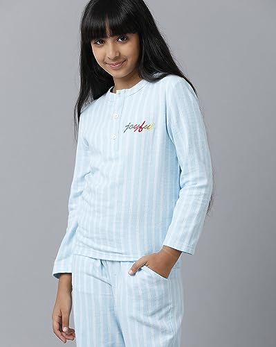 Image of Under Fourteen Only Girls Brushed Flannel Check Night Suit Set | Cotton Printed Mandarin Collar Top with Contrast Buttons & Piping | Full Sleeve Sleepwear with Elastic Waist Pants & Pockets
