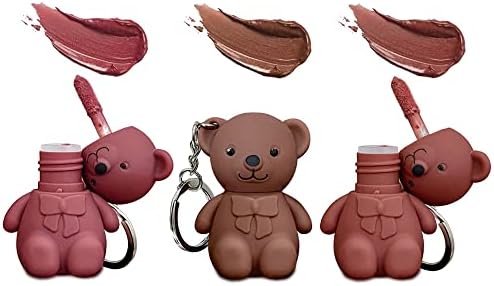 FIONEL 3Pcs Keychain Bear Lipsticks, 2 in 1 Key Chain Bear Lipstick Mist Matte Velvet Lipstick Waterproof Long Lasting Lip Gloss Cute Bear Beauty Makeup(#01+#02+#03)