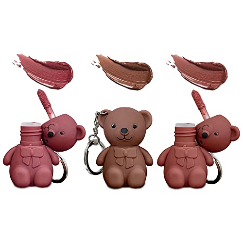 Fionel 3Pcs Keychain Bear Lipsticks, 2 In 1 Key Chain Bear Lipstick Mist Matte Velvet Lipstick Waterproof Long Lasting Lip Gloss Cute Bear Beauty Makeup(#01+#02+#03) #TOP3