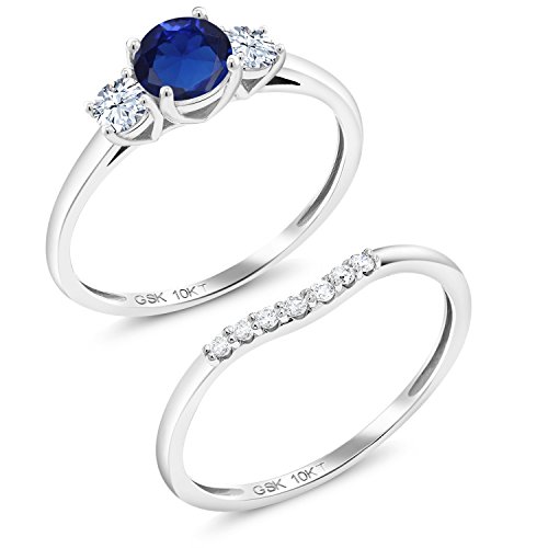 Gem Stone King 10K White Gold Created Sapphire White Created Sapphire and Lab Grown Diamond 3-Stone Bridal Engagement Wedding Ring Set For Women (0.93 Cttw, 5MM, Available in Size 5,6,7,8,9)2