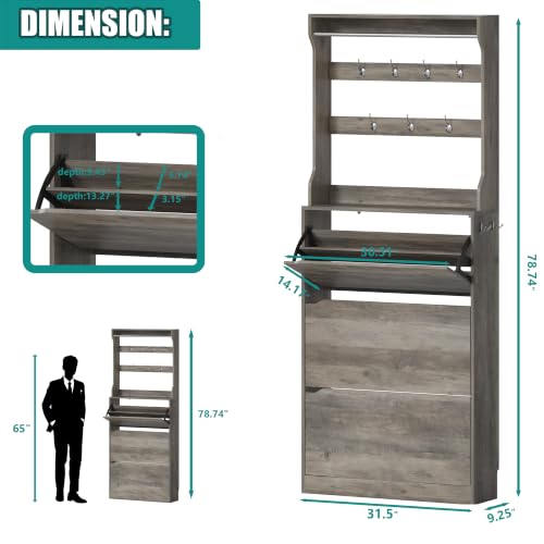 Image of Shoe Cabinet for Entryway with 3 Flip Drawers, Grey Tall Wood Shoe Storage Cabinet with Coat Rack, Narrow Hidden Slim Freestanding Shoe Rack Organizer, 2 in 1 Hall Tree for Living Room, Hallway