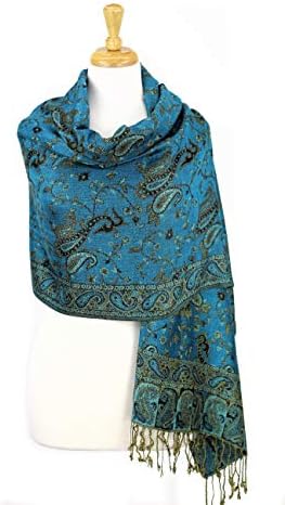 Paskmlna Reversible Paisley Pashmina Shawl Wrap Elegant Colors (#13Turquoise/black)